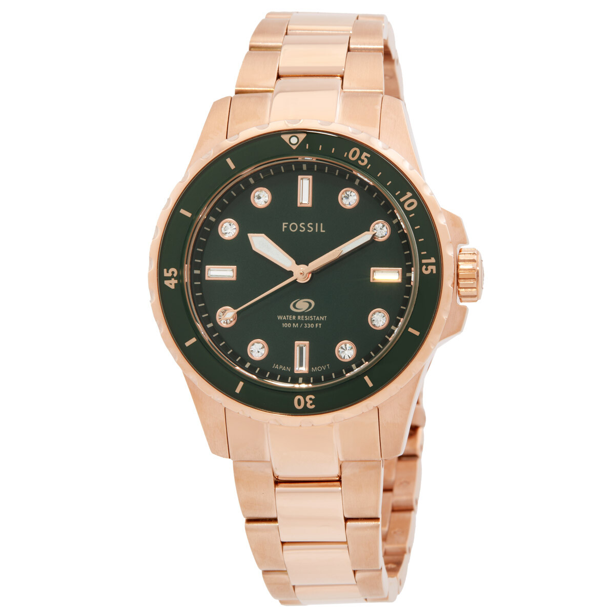Fossil Blue Dive Three Hand Green Dial Rose Gold Steel Strap Watch For Women - ES5371