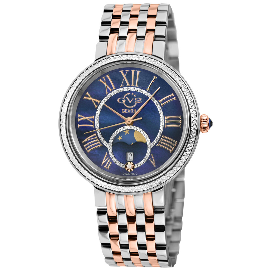 GV2 by Gevril Genoa Mother of Pearl Dial Quartz Moon Phase Diamond Ladies Watch 12549B