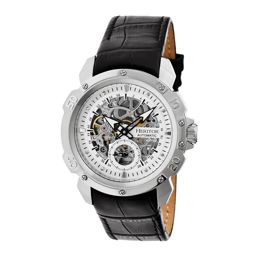 Heritor Carter Silver Skeleton Dial Black Leather Men's Watch HR2503