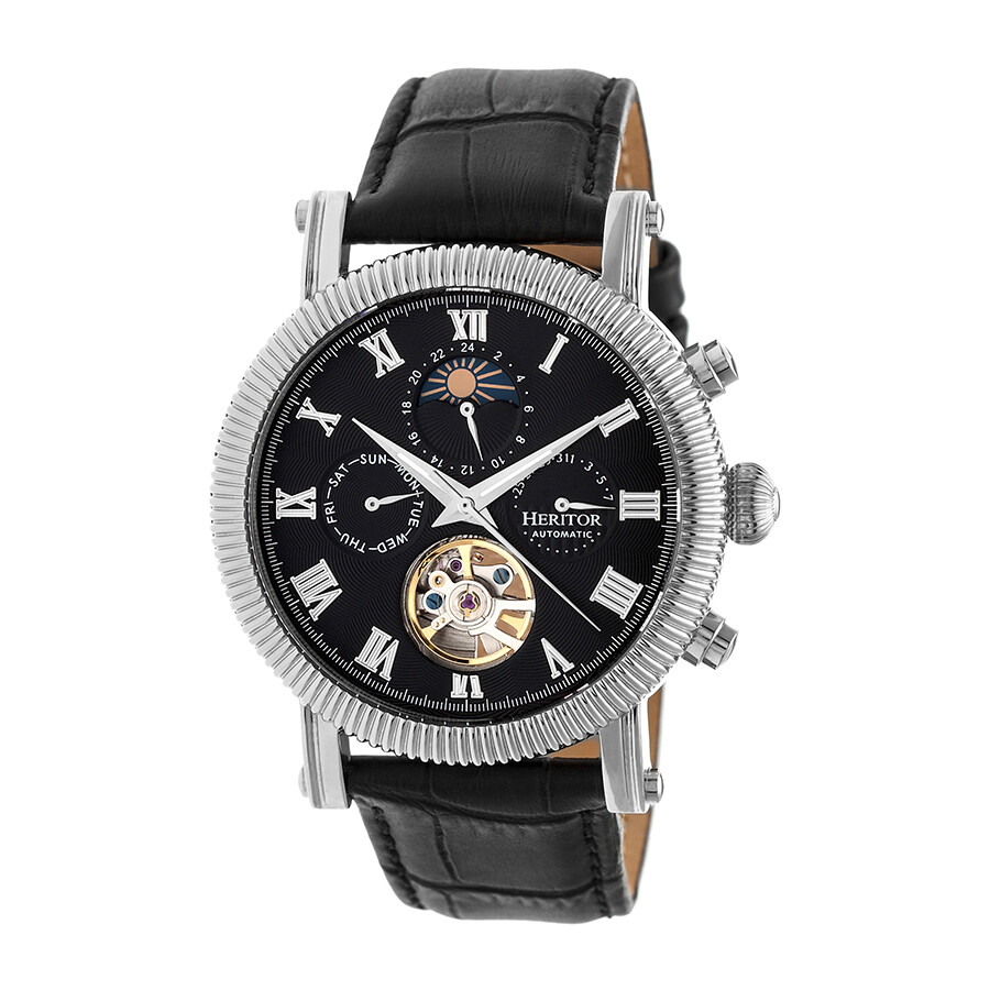 Heritor Winston Silver-tone Case Black Moonphase Dial Black Leather Strap Automatic Men's Watch HR5202