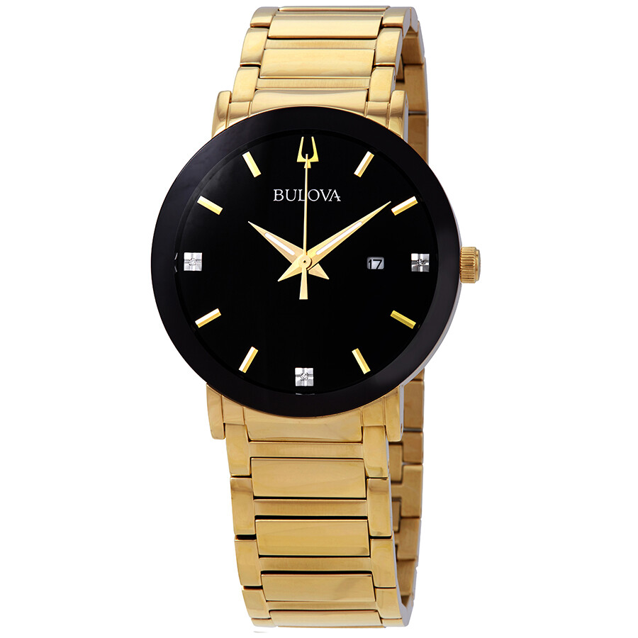 Open Box - Bulova Diamond Black Dial Yellow Gold-tone Men's Watch 97D116