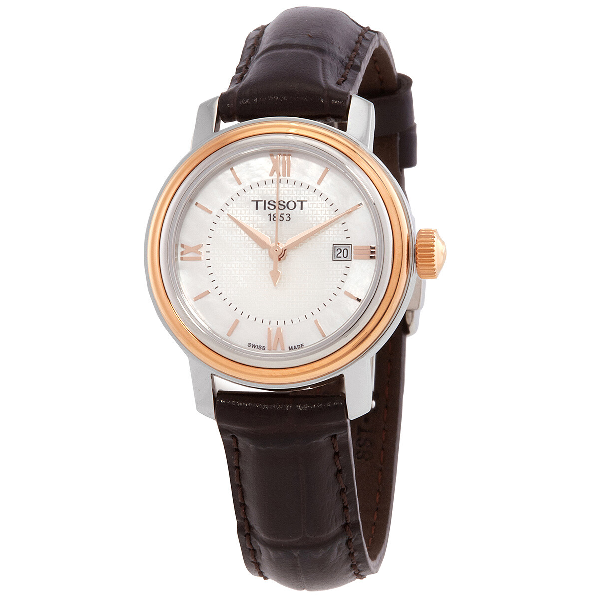 Tissot Bridgeport Quartz White Mother Of Pearl Dial Brown Leather Band Stainless Steel Case Ladies Watch T097.010.26.118.00