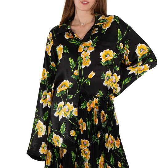 Balenciaga Floral Printed Crinkled Effect Silk Shirt
