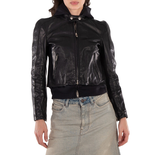 Balenciaga Ladies Black Layered-Detail Racer Leather Jacket