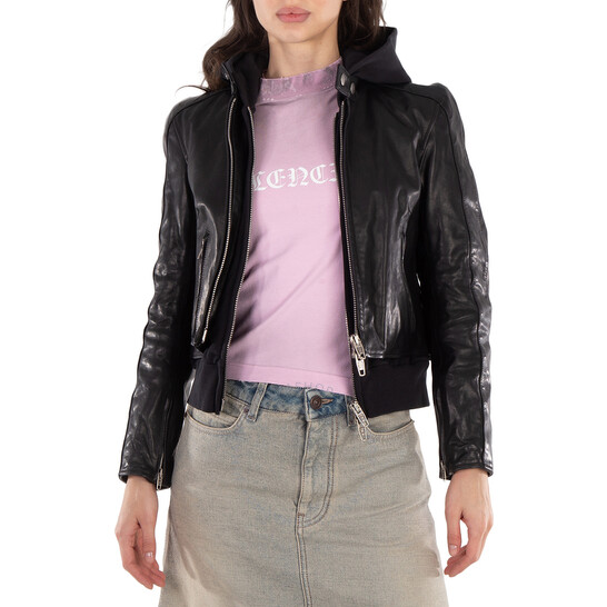Balenciaga Ladies Black Layered-Detail Racer Leather Jacket