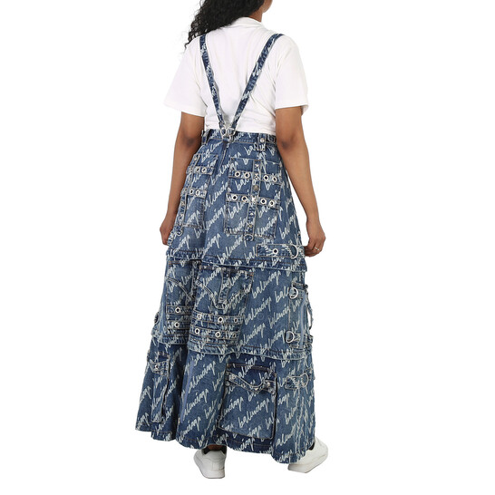 Balenciaga Ladies Light Blue Allover Logo Maxi Raver Skirt