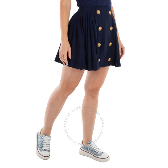 Balmain Ladies Marine Pleated Button-Detail Skirt, Brand