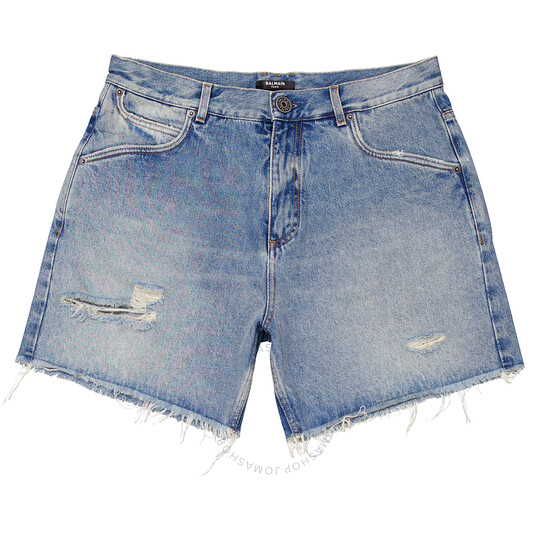 Balmain Ripped Cotton Denim Jean Shorts, Waist Size 30