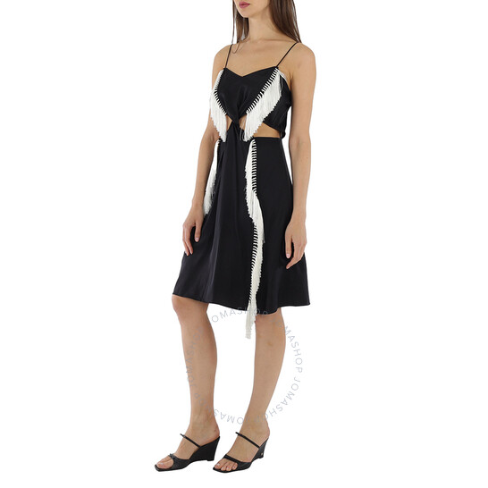 Burberry Black Silk Satin Slip Dress With Fringed Detail