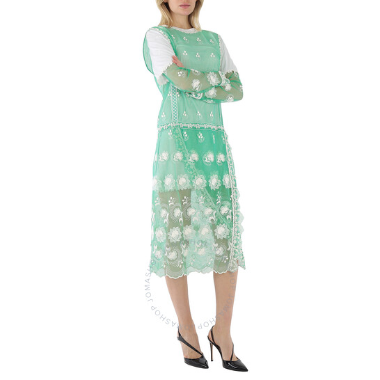 Burberry Green And White Embroidered Tulle Dress, Brand Size