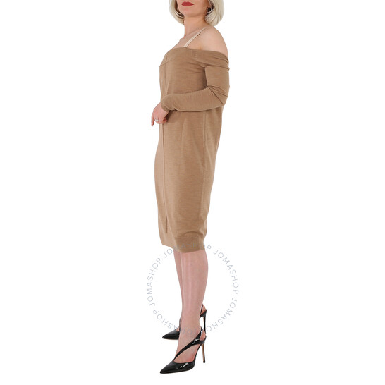ワンピース BURBERRY Mustard Stretch Wool Blend Dress Burberry Ladies Biscuit Bra-Detail Long Sleeve Wool Dress