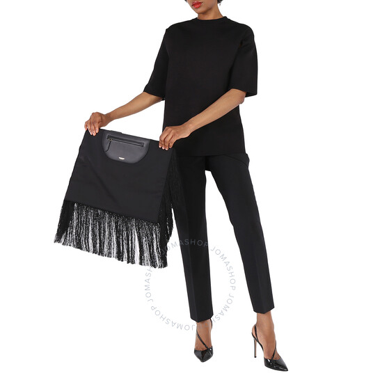 Burberry Ladies Black Fringe Leather Olympia Scarf Flat