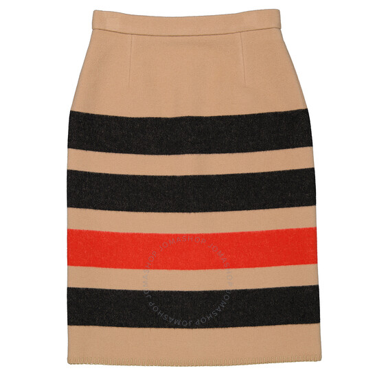 Burberry Ladies Camel Icon Stripe Wool Pencil Skirt, Brand