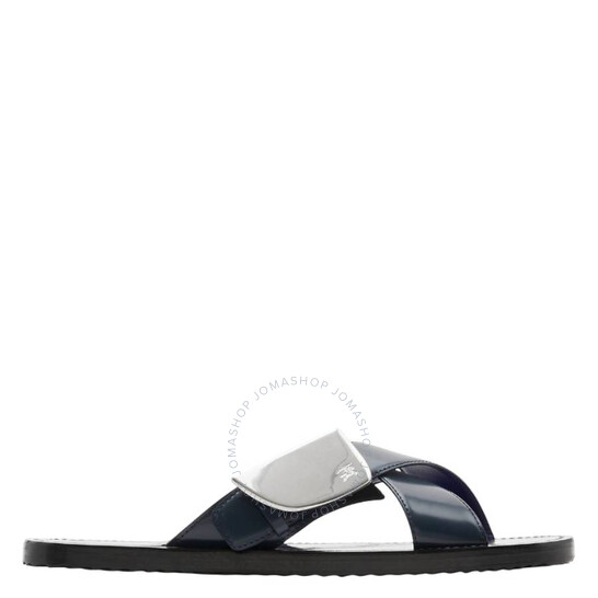 【BURBERRY】GABARDINE AND LEATHER SLIDES Burberry Leather Strip Shield Slides, Brand Size 41 ( US