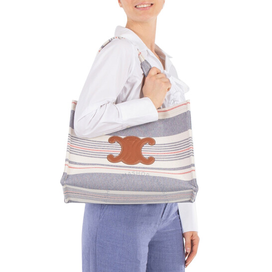 Celine Large Cabas Thais In Striped Textile And Calfskin