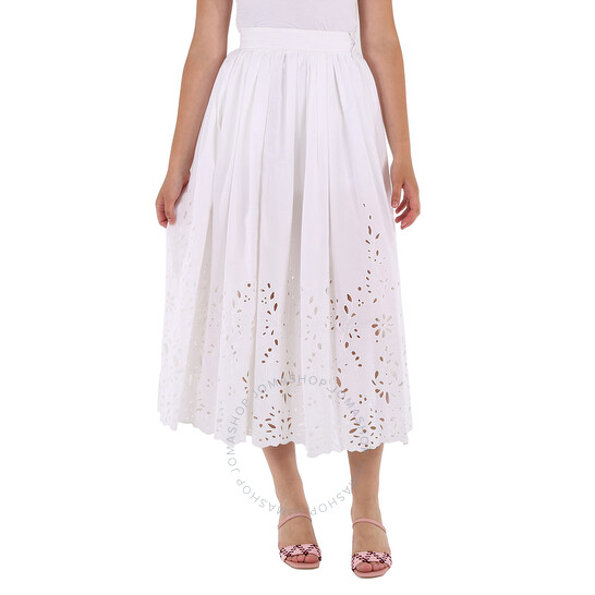 Chloé Ladies White Broderie Anglaise Flared Embroidered Midi