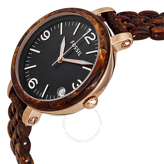 Fossil Heather Black Dial Burlwood Resin Mid-Size Ladies