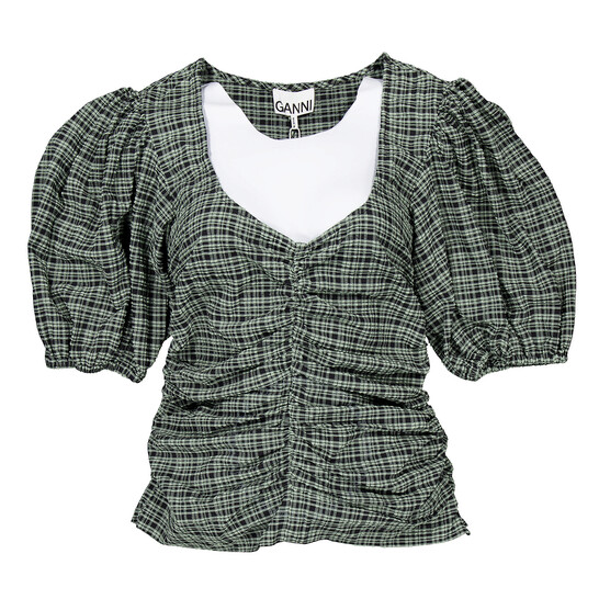 Ganni Check Seersucker Ruched Blouse, Brand Size 36 (US Size