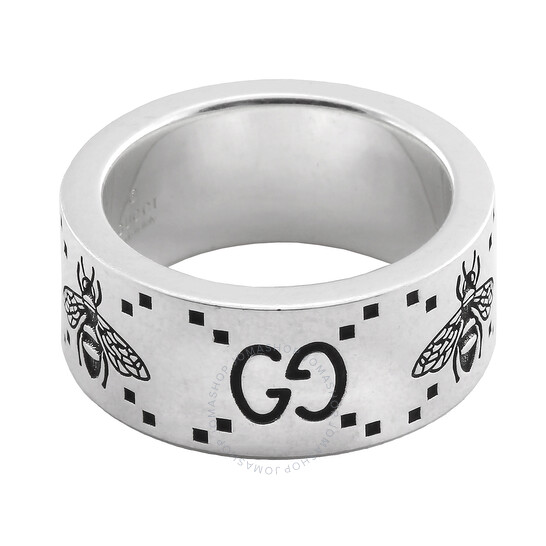 Gucci Sterling Silver GG And Bee Engraved Wide Ring, Size 14