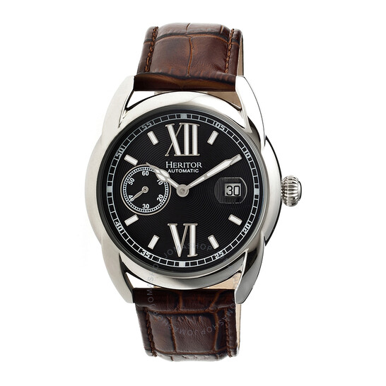 Heritor Burnell Black Embossed Dial Brown Leather Men's