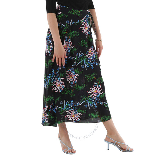 Kenzo Black Botanical-Print Wrap Skirt, Brand Size 38 (US