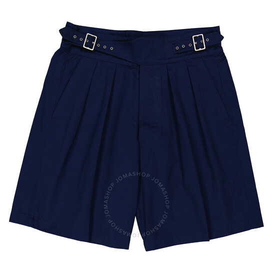 Maison Margiela Pleated Bermuda Shots￼ Maison Margiela Men's Dark Blue Pleated Buckled Bermuda