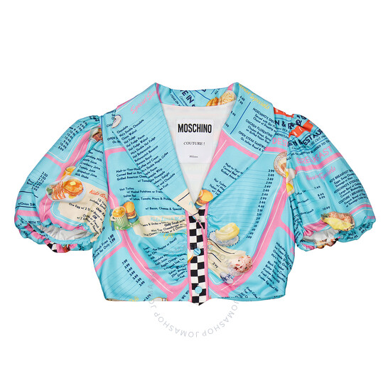 Moschino All-Over Diner Menu Print Cropped Silk Blouse