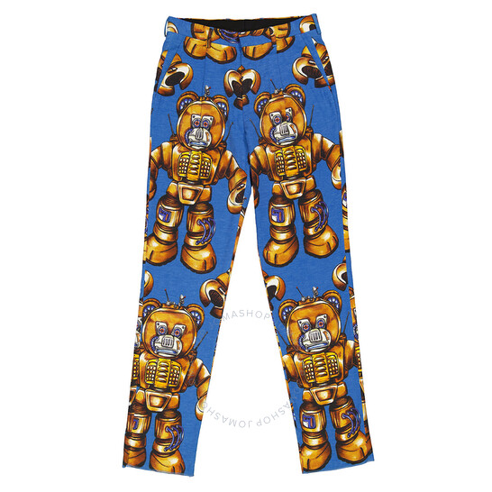 【送料&関税込】Moschino Cotton Pants Moschino Blue Allover Robot Print Cotton Trousers, Brand