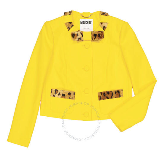 Moschino Ladies Yellow Leopard Print Detail Crepe Blazer