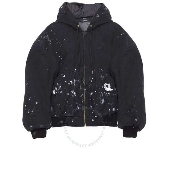 R13 Boxy Paint Splatter Hooded Cotton Canvas Jacket in Black