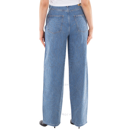 Rotate Ladies Light Blue Denim Rhinestone Wide Leg Jeans