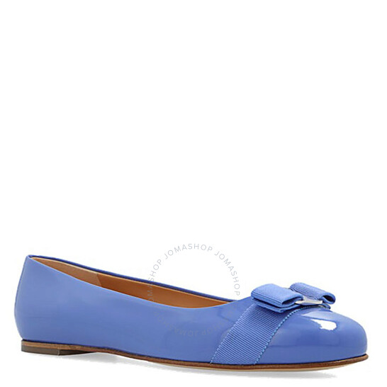 Salvatore Ferragamo Bleached Denim Patent Leather Varina Bow Ballet Flats