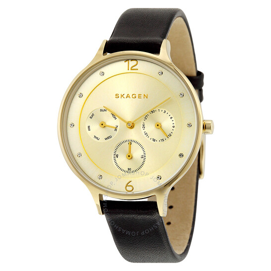 ★人気商品★SKAGEN Anta Gold-Tone Dial Watch SKW2393 Skagen Anta Gold Dial Black Leather Ladies Watch SKW2393
