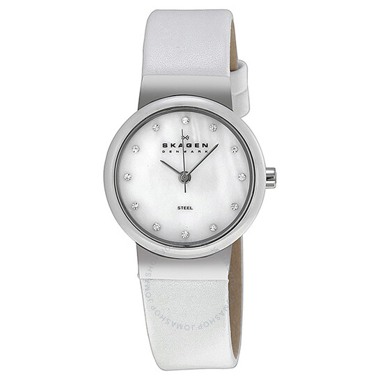 Skagen Glitz Mother of Pearl Dial White Leather Ladies Watch