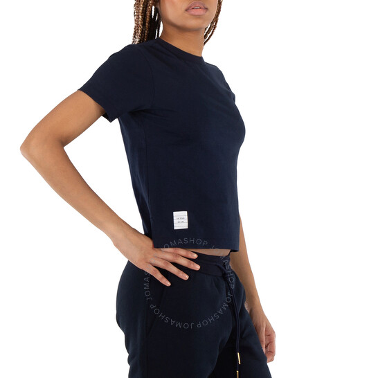 Thom Browne Ladies Navy Cotton Jersey Relaxed Side Slit Tee