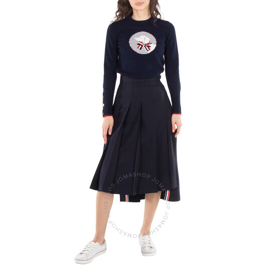 Thom Browne Ladies Navy Twill Pleated Midi Skirt, Brand Size