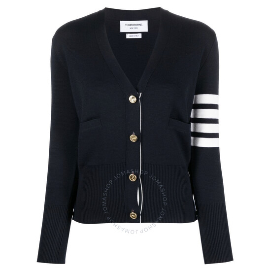 Thom Browne Ladies Navy Wool 4-Bar V-Neck Cardigan, Brand