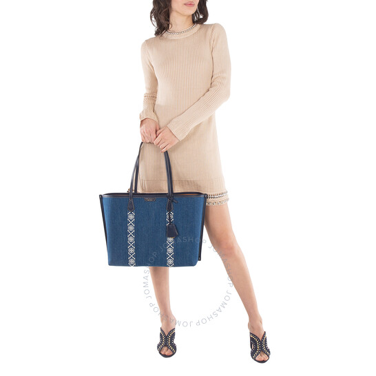 ☆☆Tory Burch☆☆ Tory Burch Denim Tote Bag 159268 426 Tory Burch Small T Monogram Denim Tote Pearl Blue Women