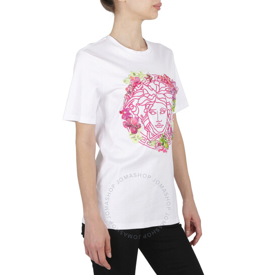 Versace Ladies Optical White Medusa Embroidered Crewneck T