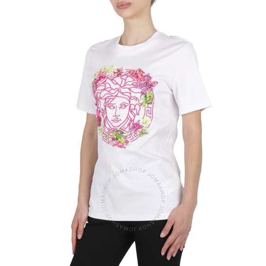 Versace Ladies Optical White Medusa Embroidered Crewneck T