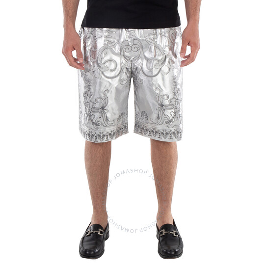 Versace Men's Silver Baroque Print Silk Twill Shorts, Brand