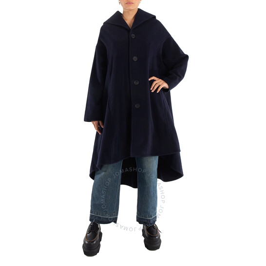 Yohji Yamamoto Navy Airy Mosser B Collar Flare Coat, Brand