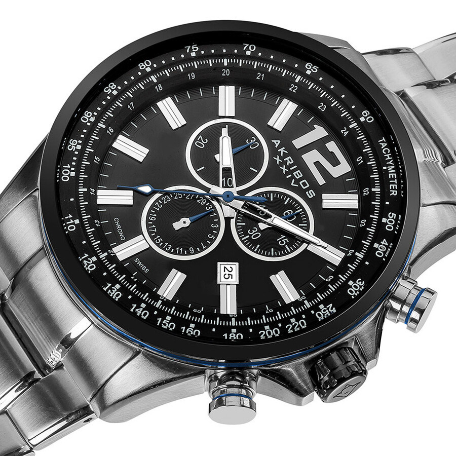 Akribos Xxiv Black Dial Silvertone Steel Chronograph Men's Watch