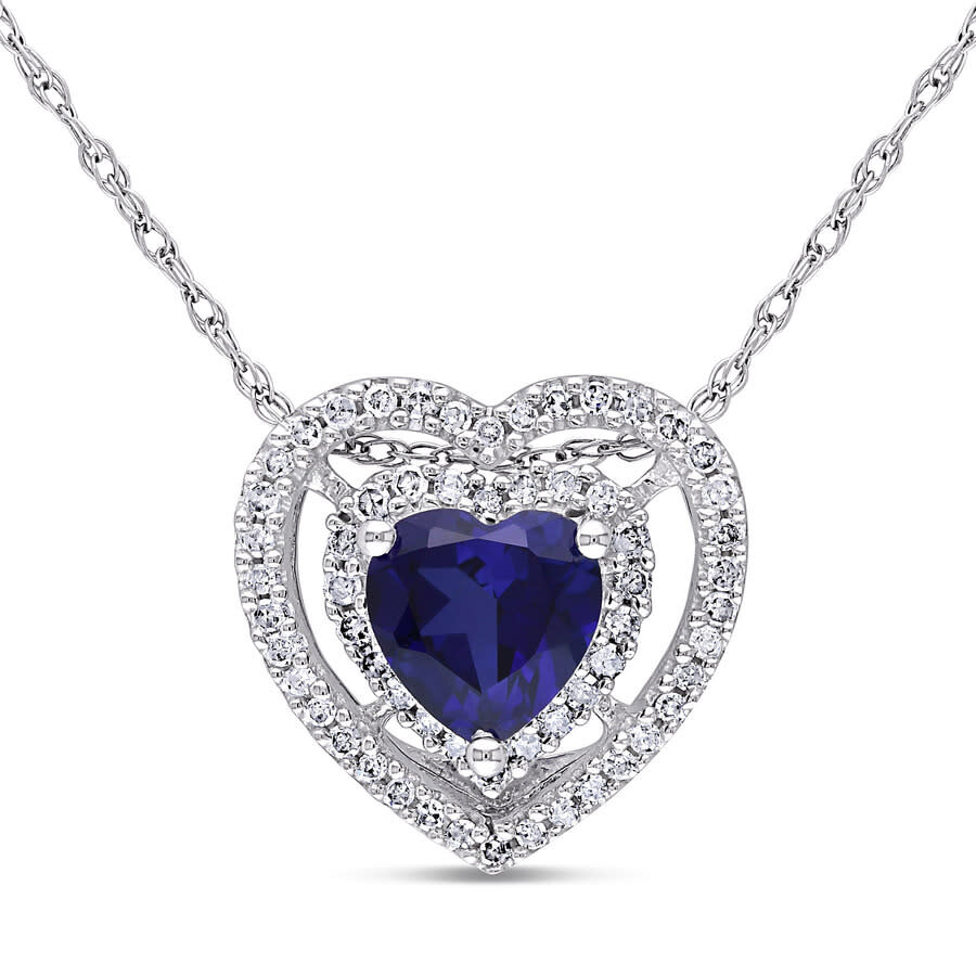 Amour 10k White Gold Double Halo Heart Shaped Created Blue Sapphire And 1 5 Ct Tw Diamond Pendant With Chain Jms Ladies Jewelry Amour Jomashop