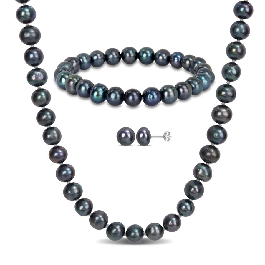 Genuine 7-8mm Natural Black Cultured Pearl Necklace Bracelet Earring Set