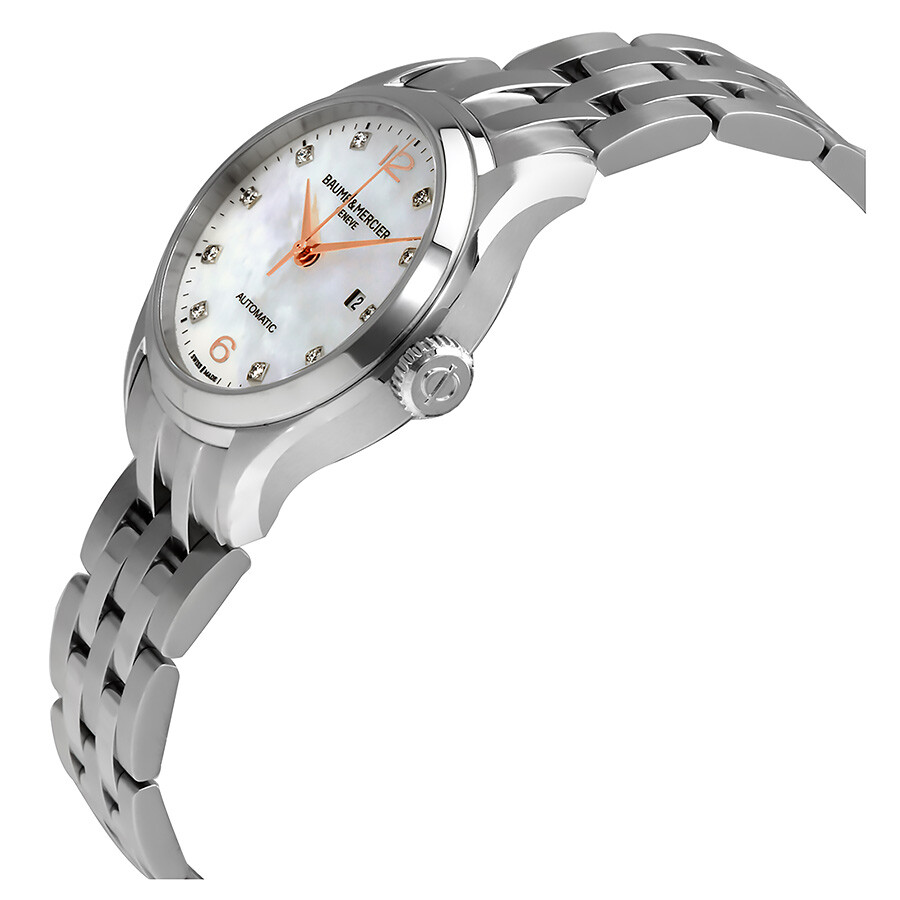 Baume and mercier clifton mother of pearl diamond dial steel automatic ladies watch 10151 clearance
