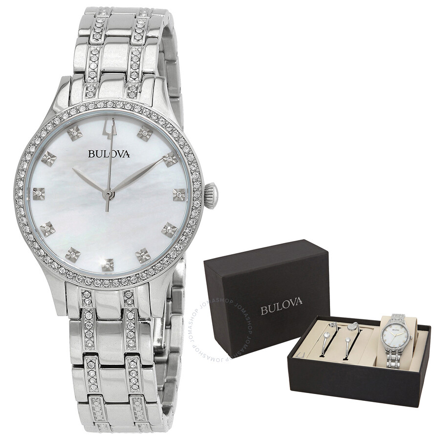 Bulova Crystal Quartz White Mother of Pearl Dial Ladies Watch and Bangle Set 96X145 042429560888