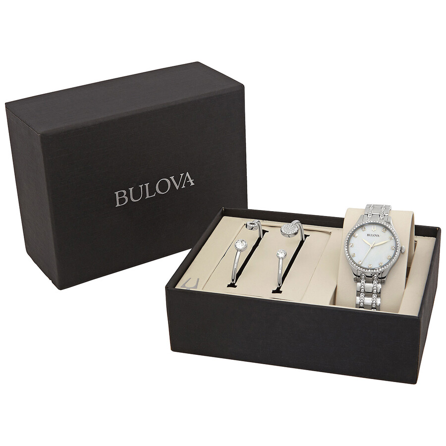 Bulova Crystal Quartz White Mother of Pearl Dial Ladies Watch and Bangle Set 96X145 042429560888