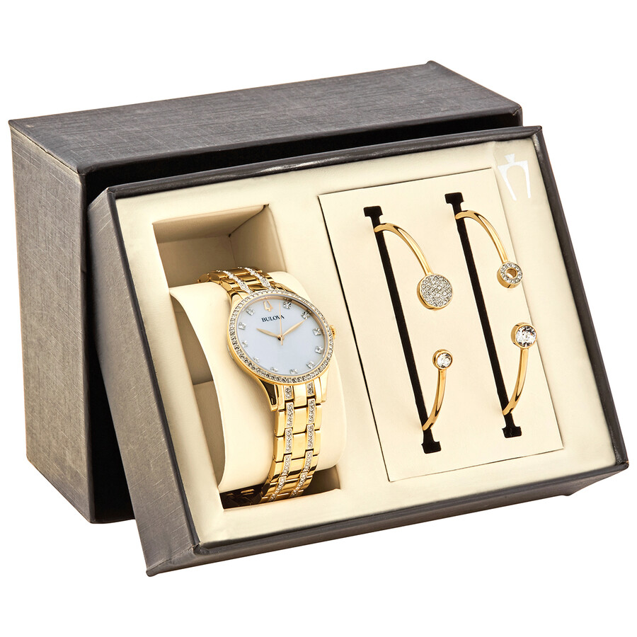 Bulova Mother of Pearl Dial Ladies Watch and Bangle Set 98X119 042429561298 Watches, Crystal