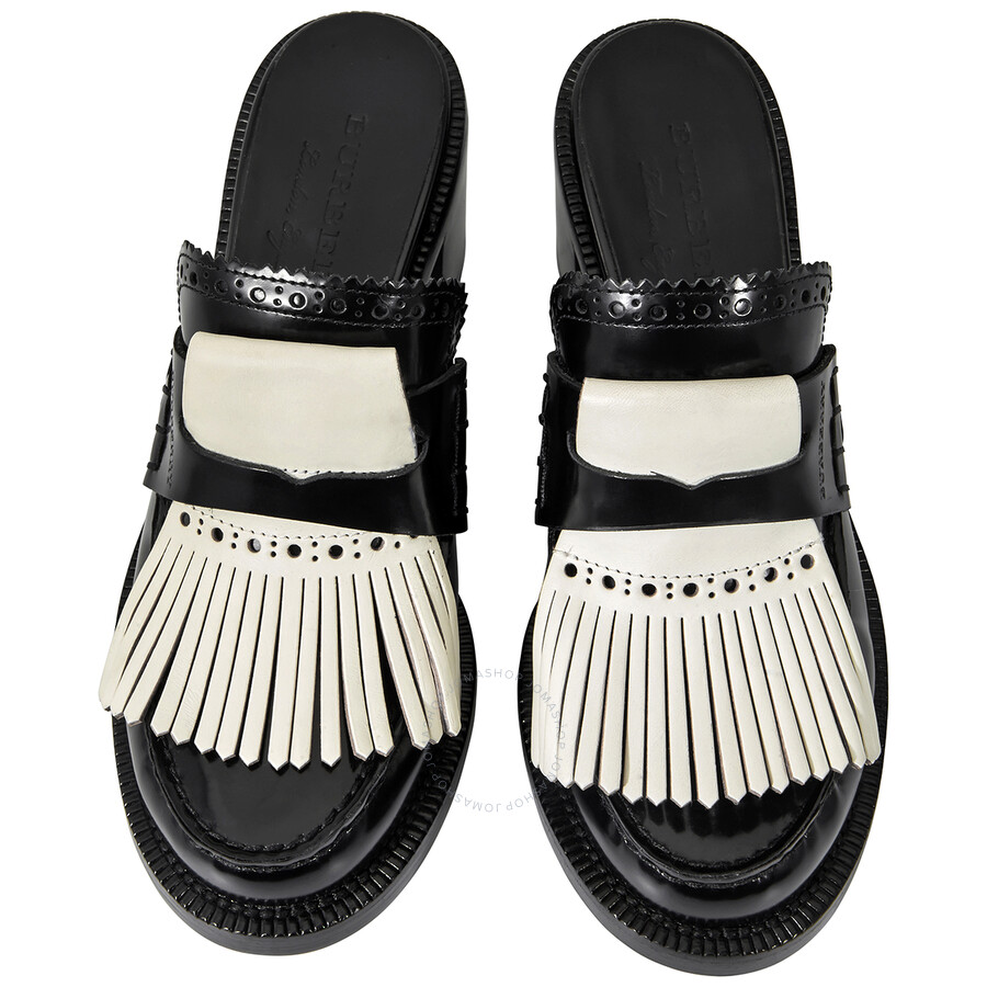 Burberry Ladies Black Contrast Kiltie Fringe Leather Blockheel Mules
